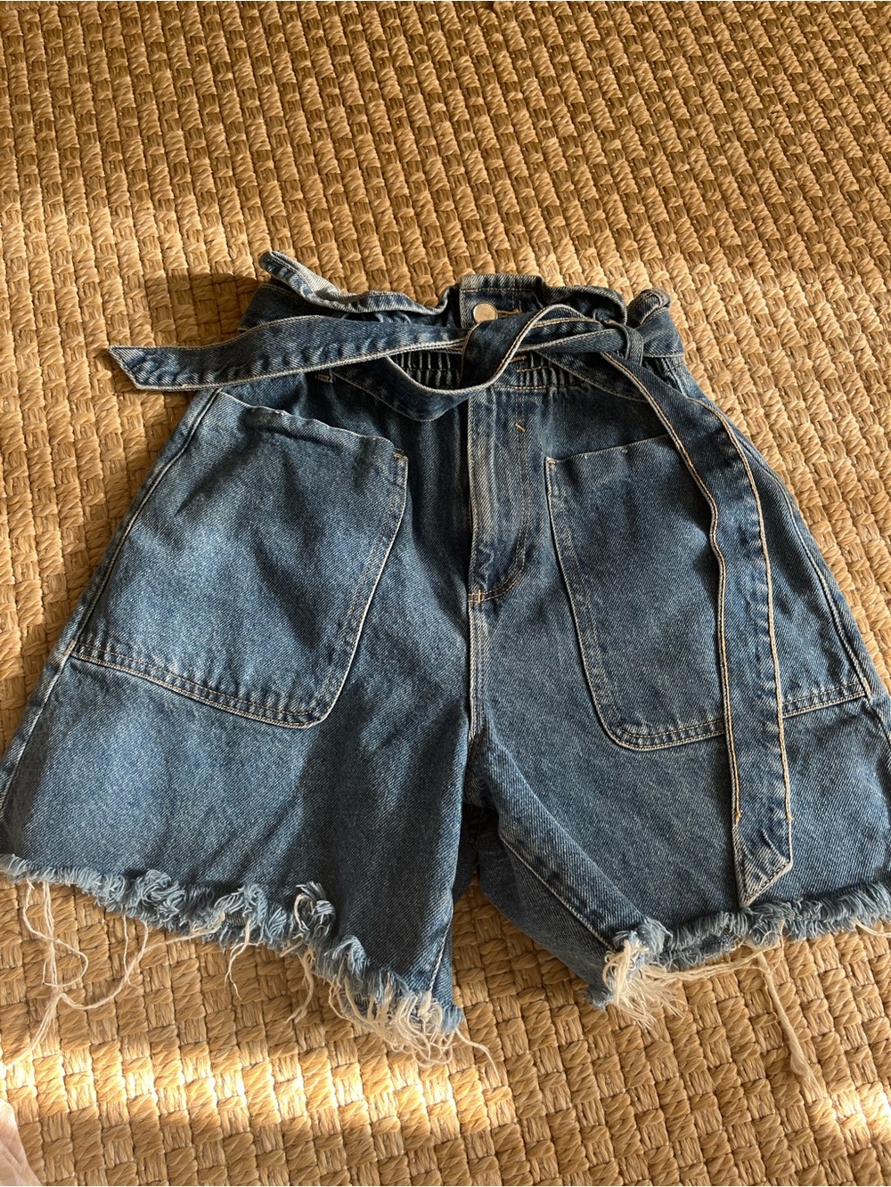Zara Blue High-Waist Denim Shorts with Self-Tie Belt